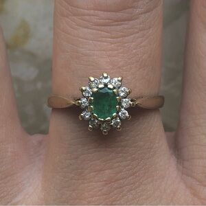 Emerald Diamond Halo Oval Yellow Gold Vintage Ring